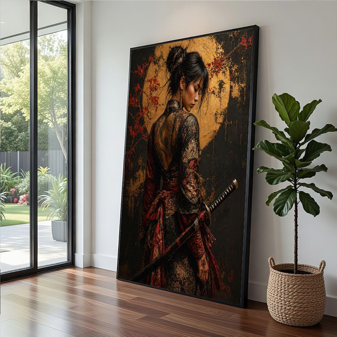 Japanese Warrior Woman Framed Wall Art, Red Black Kimono Canvas Print ...
