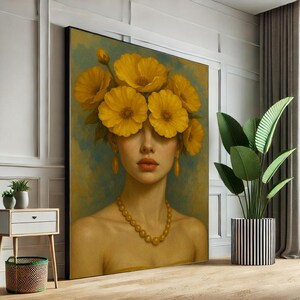 Lienzo de mujer elegante con flores amarillas, impresión artística para pared, estilo bohemio, para dormitorio, pieza llamativa