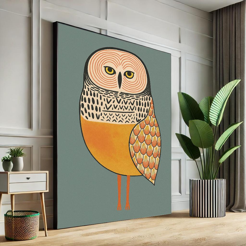 Golden Owl Canvas Print, Mid Century Modern Scandinavian Wall Art