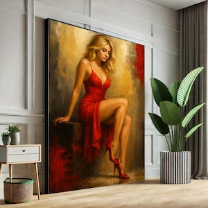 Elegant Woman in Red Dress Canvas Wall Art Print  Modern Bedroom Wall Decor  Statement Piece