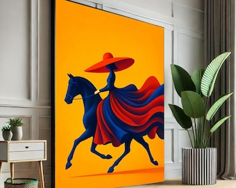 Equestrian Woman on Horse Canvas Print, Vibrant Living Room Decor