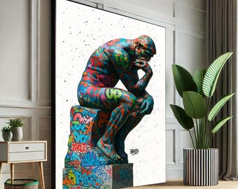Graffiti Thinker Statue Canvas Print, Colorful Street Art Decor
