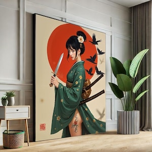 Samurai Woman in Kimono Canvas Wall Art Print  Japanese Modern Living Room Decor  Statement Piece