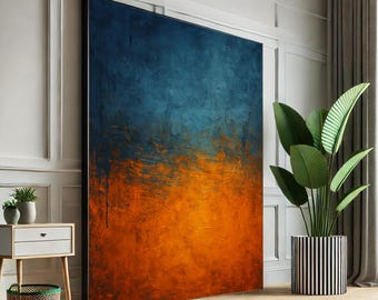 May include: Abstract painting with a blue and orange color scheme. The painting has a textured surface and a modern style.