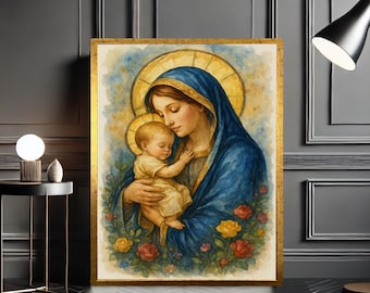 聖母マリアと眠る幼子イエスのカトリックキャンバス壁アート、キリスト