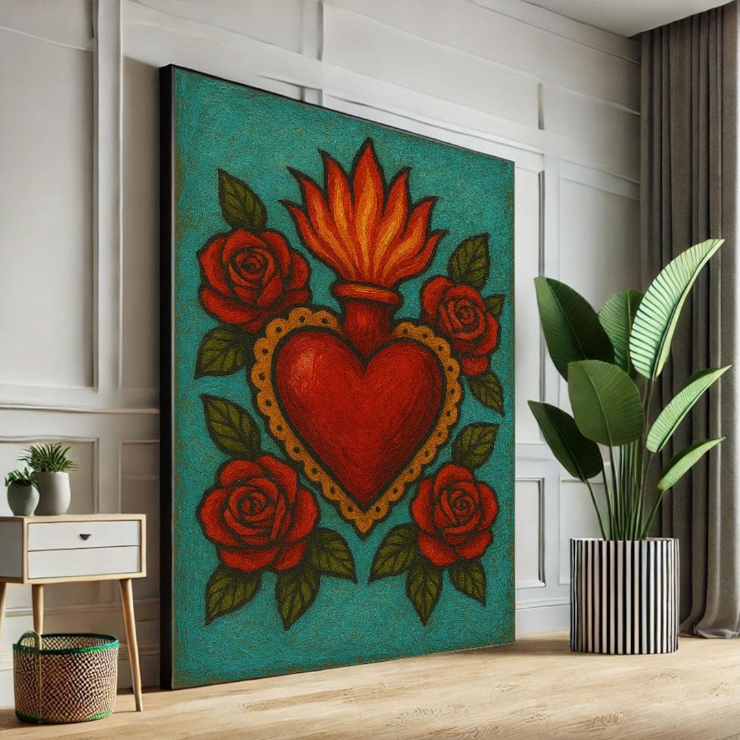 Sacred Heart and Roses Canvas Print, Vibrant Mexican Folk Art