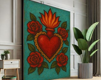 Sacred Heart and Roses Canvas Print, Vibrant Mexican Folk Art