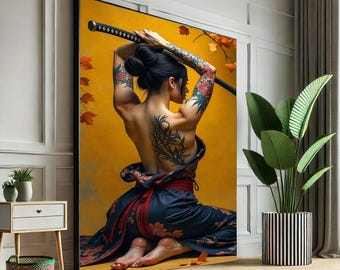 Tattooed Samurai Woman Canvas Print, Bold Japanese Art