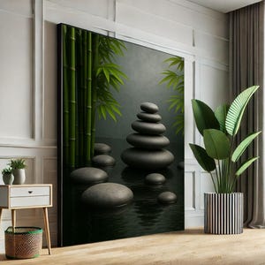 Calming Zen Stones and Bamboo Canvas Wall Art Print  Minimalist Spa Living Room Decor  Ready to Hang