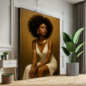 May include: A framed portrait of a woman with dark skin and a large afro. She wears a white dress and gold jewellery, and sits on a stool. The background is a warm, golden hue. A potted plant and a side table are in the foreground.