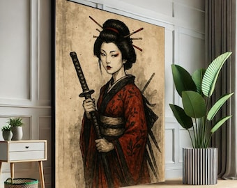 Japanische Samurai Frau Leinwanddruck | Krieger Kunst, Wohnzimmer Dekor