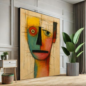 Colorful Abstract Face Canvas Wall Art Print  Modern Living Room Decor  Statement Piece