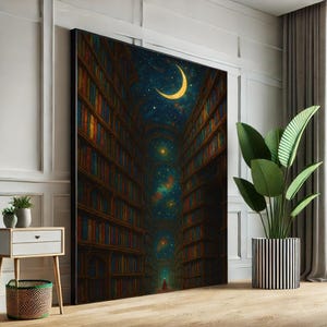 Surreal Bibliothek Leinwand Kunst, Mondschein Fantasie Wandbild, Sternenklare Nacht Buch Dekor, Verträumte Lesezimmer Poster, Leinwand Wand Kunst Wohndekor