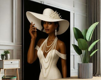 Black and White Woman With Fedora Hat: Modern Canvas Wall  display picture 2