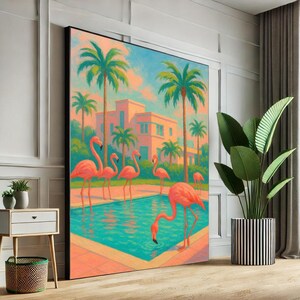 Tropical Flamingo Oasis Canvas Wall Art Print  Retro Palm Tree Living Room Decor  Statement Piece for Modern Interiors