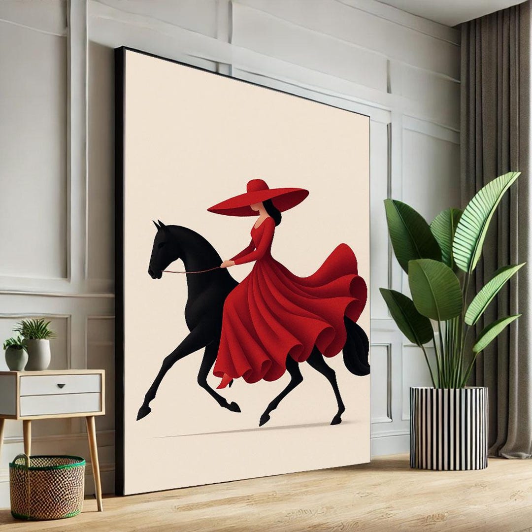 Lady in Red Dress on Horse Canvas Print, Modern Minimalist Wall Art - Etsy