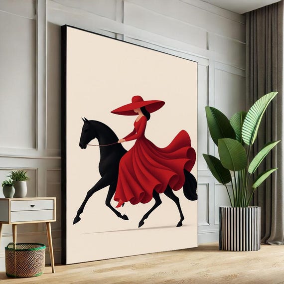 Lady in Red Dress on Horse Canvas Print, Modern Minimalist Wall Art - Etsy
