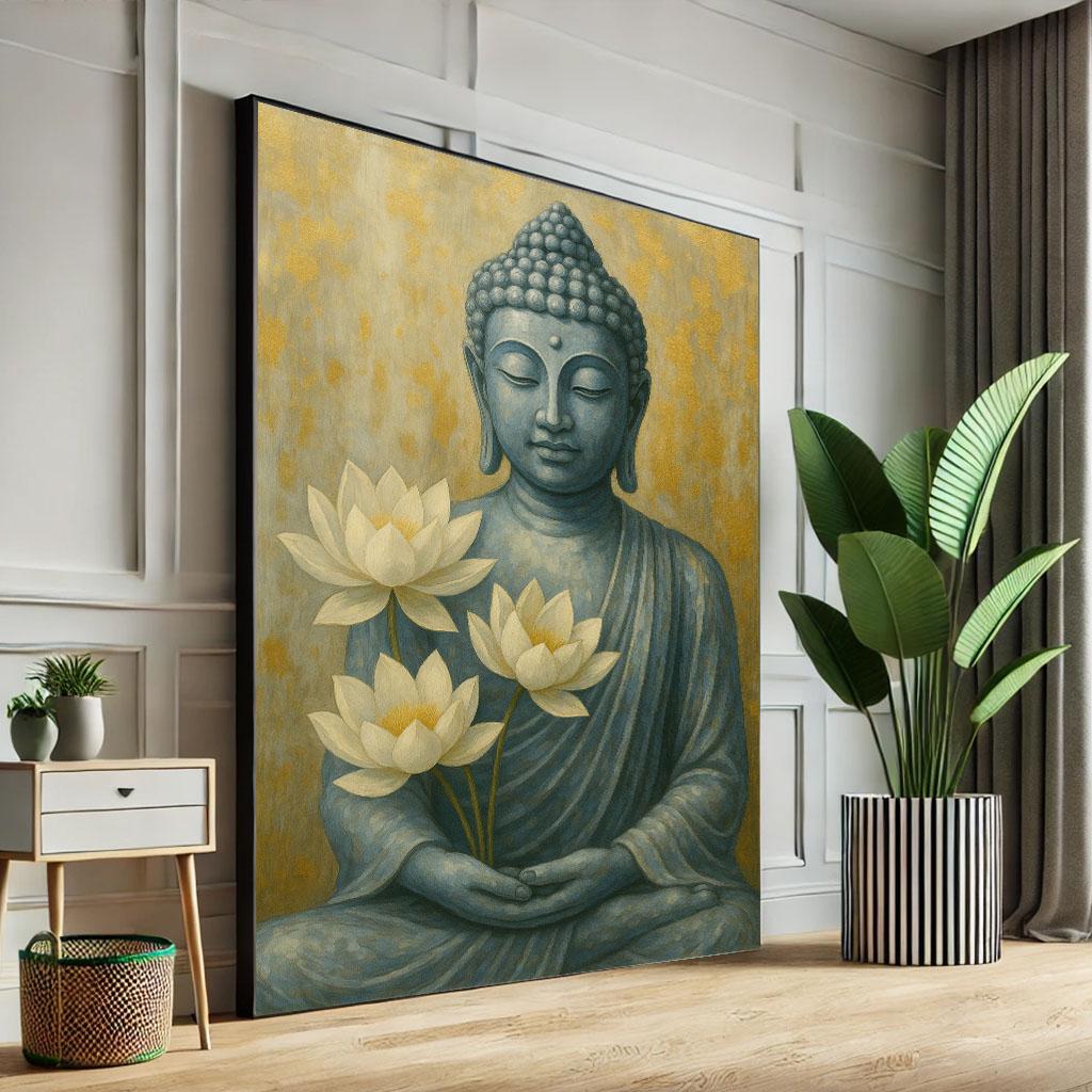 静謐な仏陀と蓮のキャンバス壁アートプリント | ミニマリストな禅風