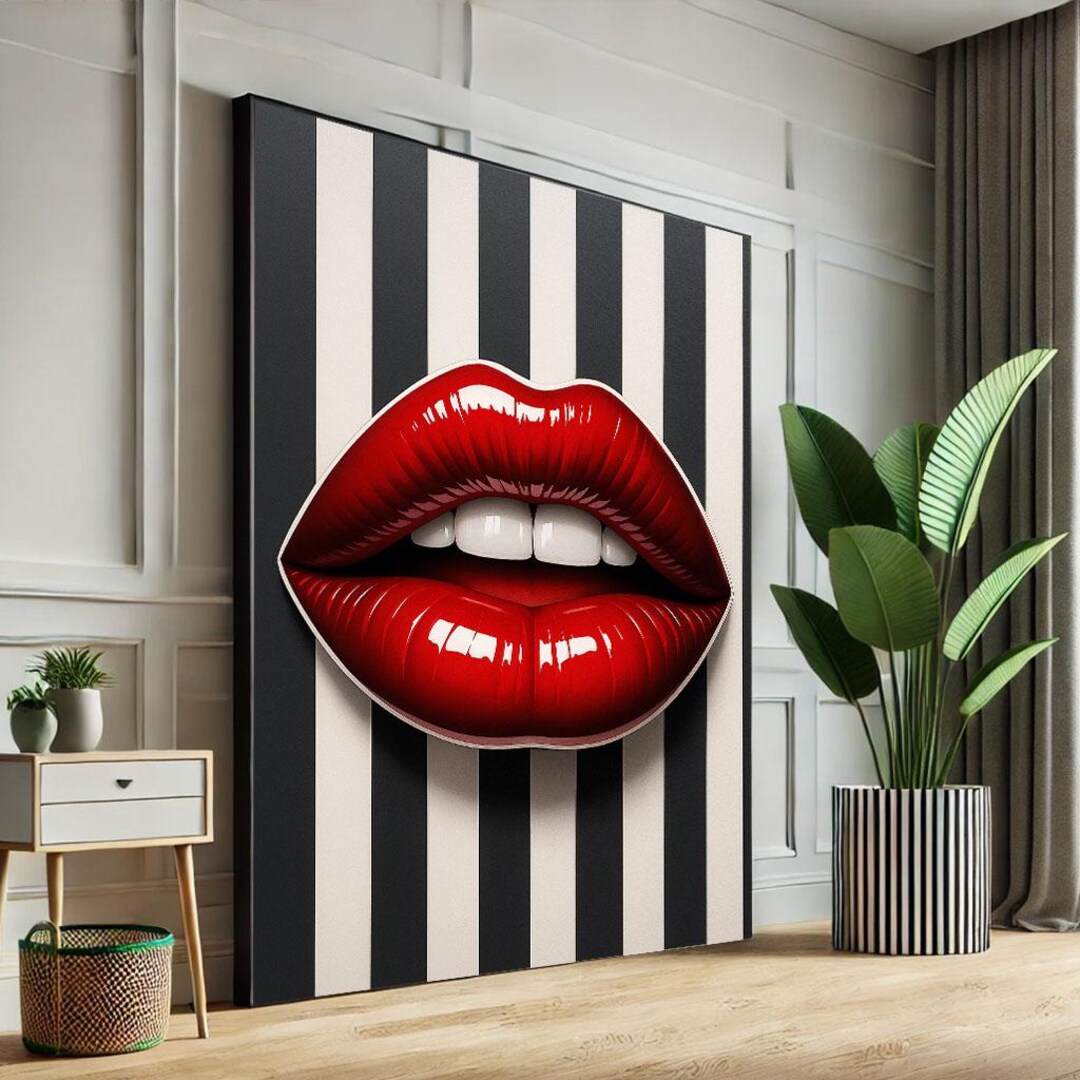 Chic Red Lips Pop Art Canvas Wall Art Print Monochrome Living Room ...