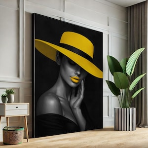 Impresión artística en lienzo de una elegante mujer con sombrero amarillo, decoración moderna para dormitorio, pieza llamativa
