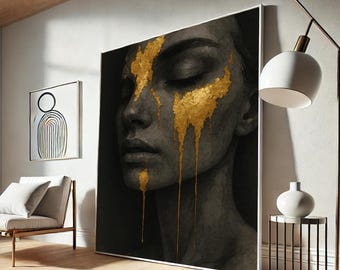 Gold Drip Portrait, Modern Canvas Wall Art, Luxury Statement Decor
