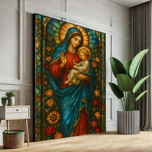 Radiant Virgin Mary and Child Canvas Wall Art Print | Spiritual Living Room Decor | Statement Piece