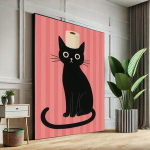 Quirky Black Cat with Toilet Paper Canvas Wall Art Print  Pink Modern Living Room Decor  Statement Piece