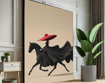 Impresión en lienzo de una mujer a caballo, elegante arte para sala de estar