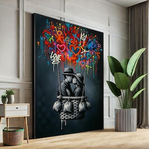 Toile couple d'amoureux graffiti, art mural urbain style Banksy, impression romantique de panier de ballons, affiche street pop art, art mural en toile, décoration d'intérieur