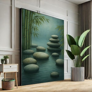 Zen Tranquility Stones and Bamboo Canvas Wall Art Print  Peaceful Living Room Decor  Ready to Hang