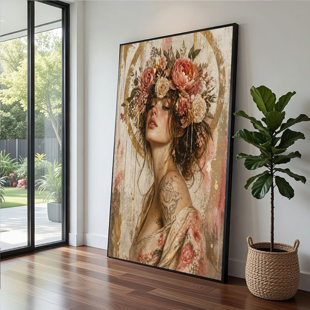 Floral Crown Woman Framed Wall Art, Vintage Botanical Portrait Canvas ...