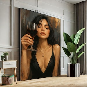 Elegant Woman with Wine Canvas Wall Art Print  Modern Bedroom Wall Decor  Statement Piece