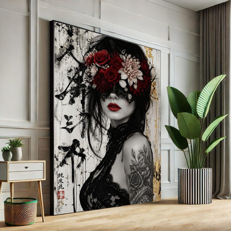 Japanese Woman Framed Wall Art, Red Floral Tattoo Canvas Print, Living ...