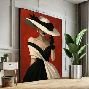 Lienzo decorativo para pared con una elegante mujer con sombrero, estilo vintage, estilo glamuroso, para sala de estar.