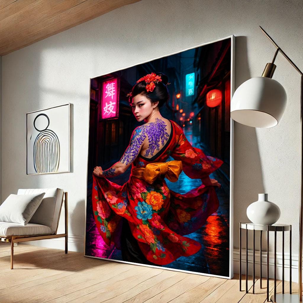 キャンバスプリントoriental girl 絵画 額付き インテリア 着物を着た芸者を描いたキャンバスプリント、日本のリビングルームの