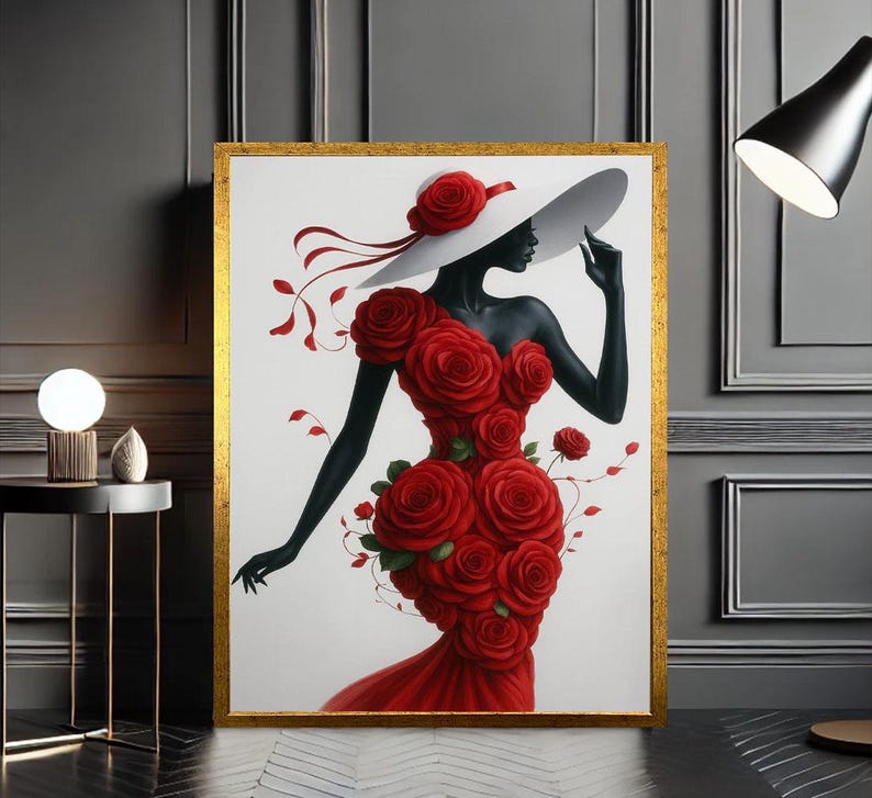 Elegant Woman in Red Rose Dress Canvas Art Print - Etsy