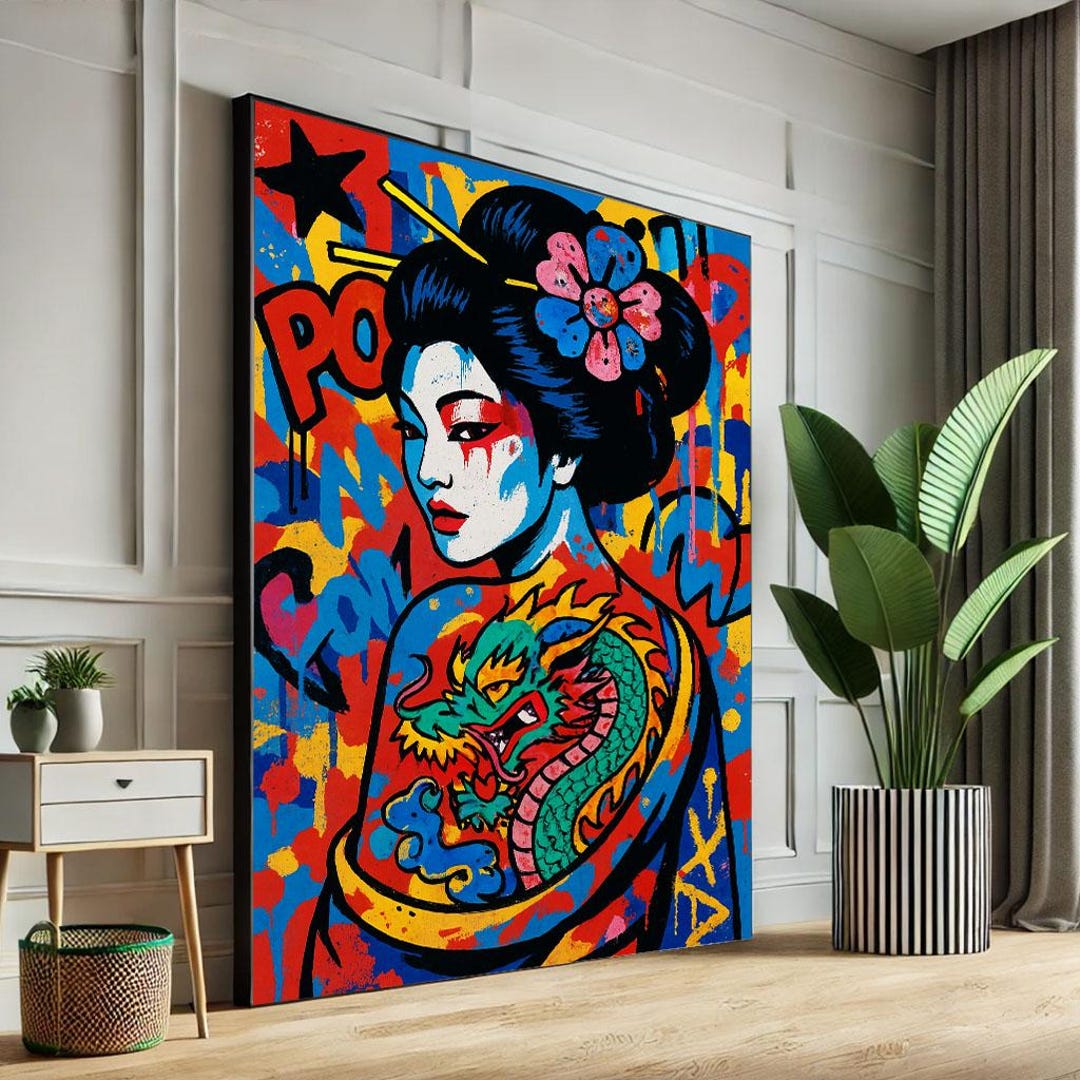 Colorful Japanese Geisha Street Art Canvas Wall Art Print Bold Urban ... - Urban Living Room Decor With Street Art
