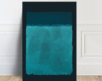 May include: Abstract art print with a dark blue background and a teal blue rectangle in the center. The teal blue rectangle is divided into two sections, one darker than the other.