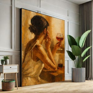 Elegant Woman with Wine Canvas Wall Art Print  Warm Tones Living Room Decor  Statement Piece