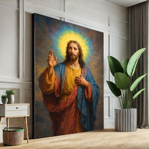 Radiant Jesus with Golden Halo Canvas Wall Art Print  Spiritual Living Room Decor  Statement Piece