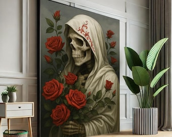 May include: A framed artwork depicts a skeletal figure in a white hooded robe, holding a bouquet of vibrant red roses. The figure's skull is detailed, and the roses are lush against a muted gray background. The artwork is displayed in a room with a plant.