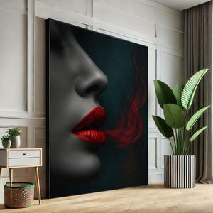 Modern Red Lips Abstract Canvas Wall Art Print  Bold Living Room Decor  Statement Piece