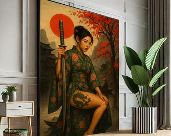 Japanische Kriegerin Leinwand Wandkunst Druck Bold Samurai Schlafzimmer Wanddeko Statement Piece