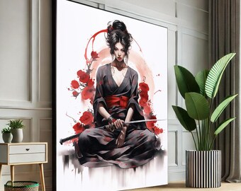 May include: Large framed artwork featuring a watercolor-style illustration of a woman in a kimono holding a sword. The artwork has a black frame and depicts the woman with red accents and floral elements.