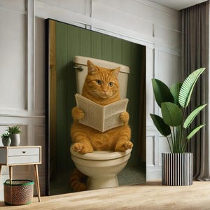 面白いオレンジ色の猫のバスルームアート、トイレで読書をする猫のキャンバス、風変わりな子猫の壁飾り、陽気な猫のポスター、キャンバスの壁アートプリント