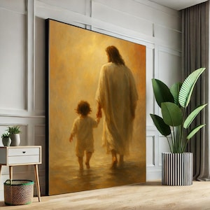 Radiant Jesus Walking with Child Canvas Wall Art Print  Spiritual Living Room Decor  Statement Piece
