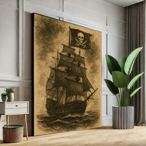 Dibujo de barco pirata vintage, lienzo náutico sepia, decoración oceánica con bandera de calavera, póster de historia marítima, listo para colgar.