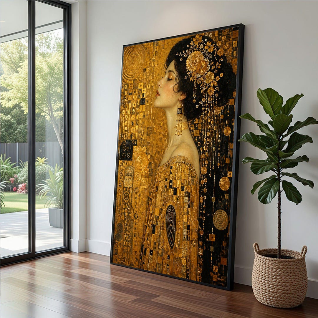 Gustav Klimt Inspired Woman Framed Wall Art, Golden Portrait Canvas ...