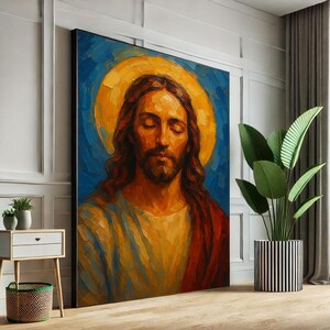 Radiant Jesus with Golden Halo Canvas Wall Art Print  Spiritual Living Room Decor  Statement Piece