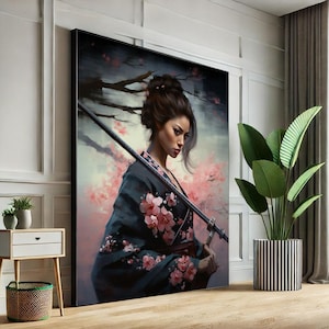 Samurai Woman in Cherry Blossom Kimono Canvas Wall Art Print  Elegant Bedroom Wall Decor  Statement Piece